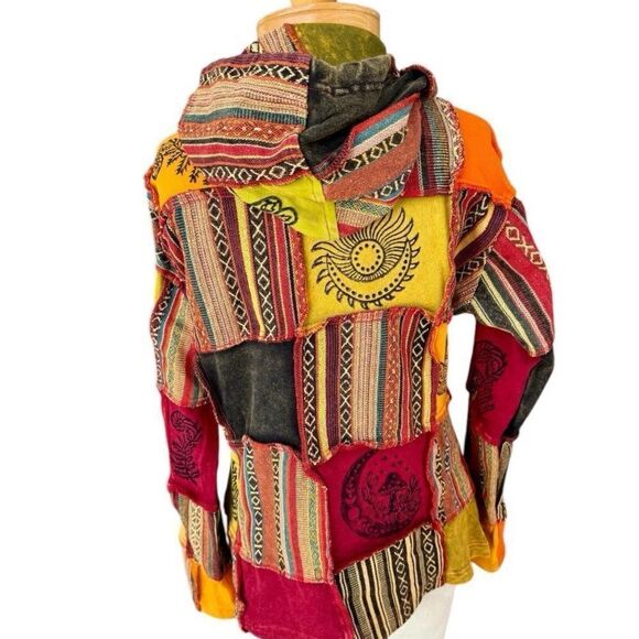 Patchwork Jacket with Hoodie, Handmade Organic Cotton Unisex Fall/Winter. - Picture 5 of 6